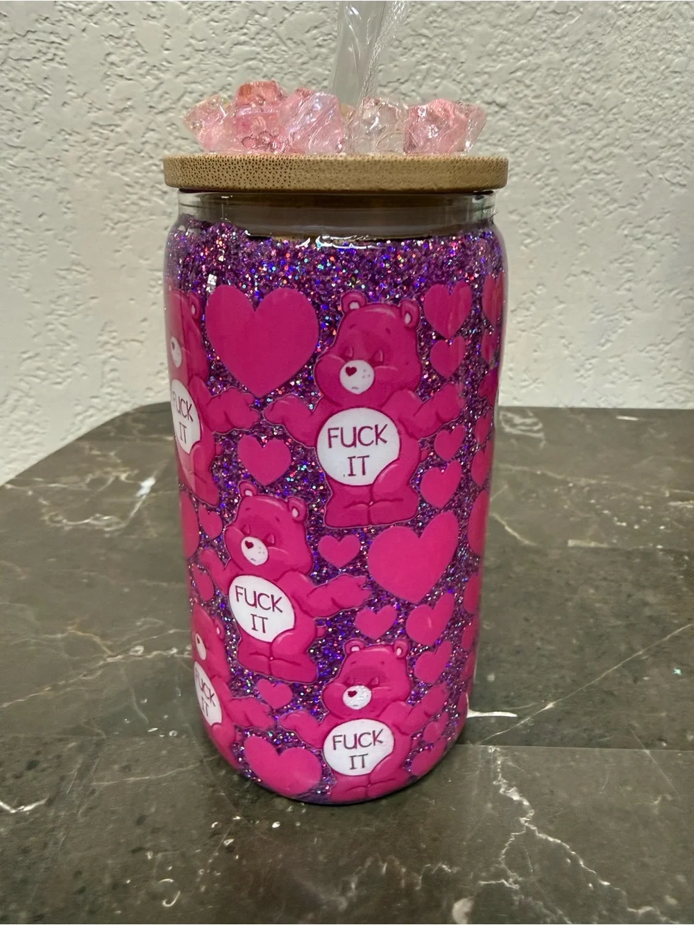 Swear Bear Fuk It Pink Glitter 12 oz Wine Glass Cup with Lid Handmade